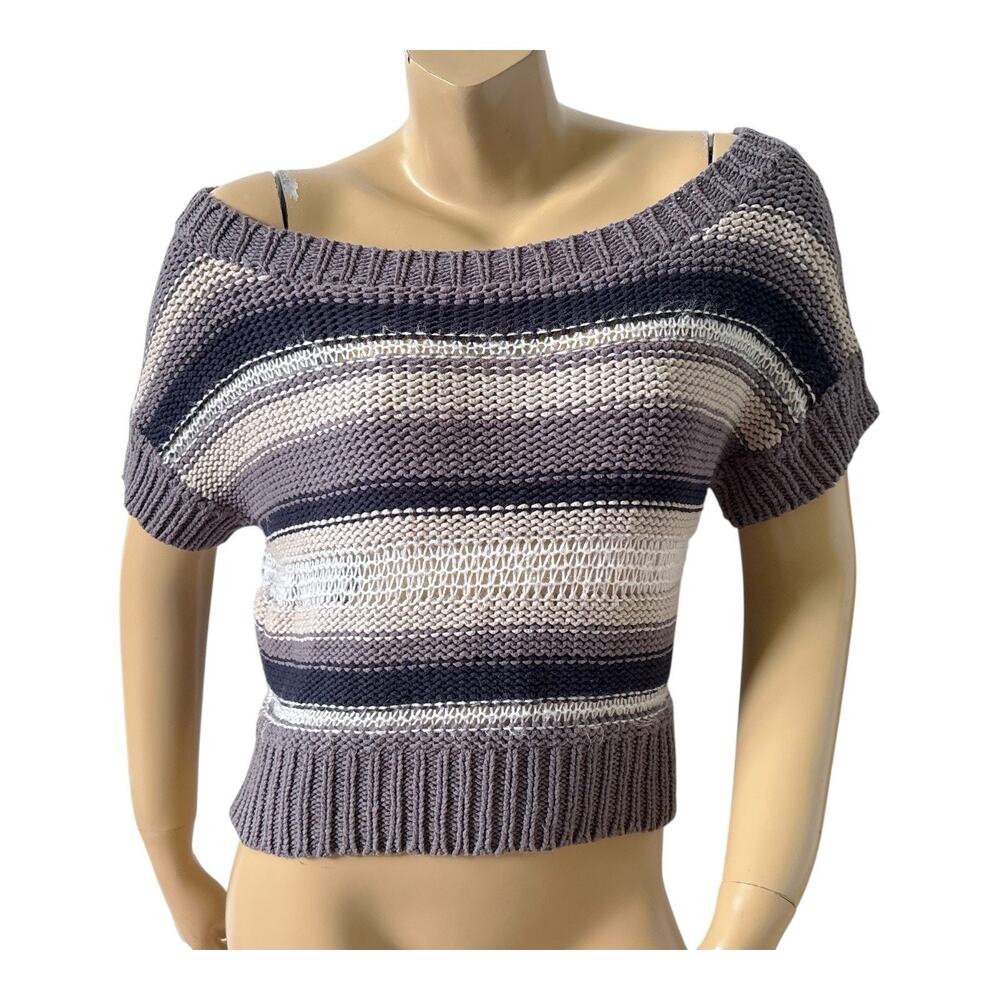 Kaisely Crop Sweater Womens L Gray Striped Off Shoulder Cotton Open Knit Boho